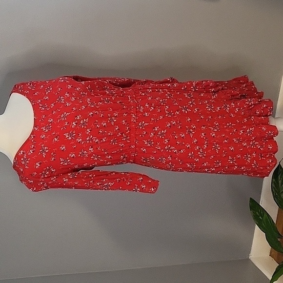 Gap Red Floral Faux Wrap Rayon Pullover Elastic Waist Dress - Size SP - Picture 2 of 8